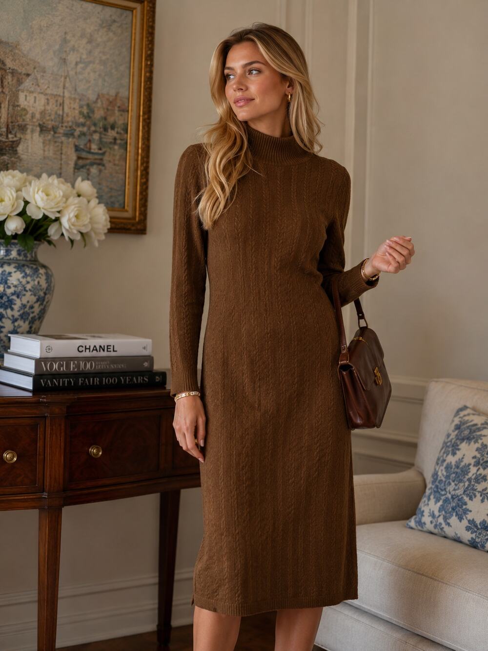 Peruvian Connection Brown Cable Knit Long Sleeve Midi Dress Mock Neck Womens S